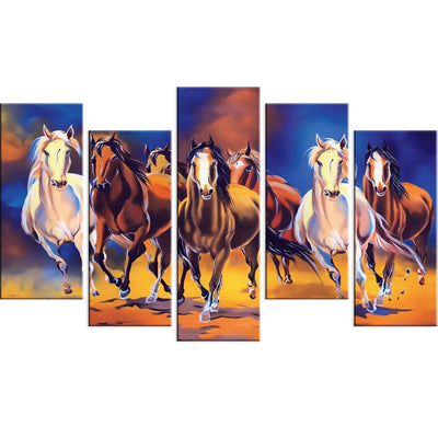 DECORGLANCE Panel painting Seven Running Horses Canvas Print Panel Wall Painting- With 5 Frames