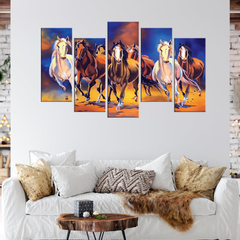 DECORGLANCE Panel painting Seven Running Horses Canvas Print Panel Wall Painting- With 5 Frames