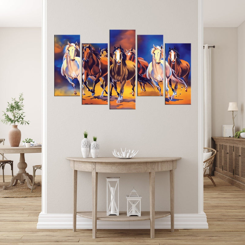 DECORGLANCE Panel painting Seven Running Horses Canvas Print Panel Wall Painting- With 5 Frames