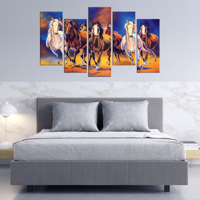 DECORGLANCE Panel painting Seven Running Horses Canvas Print Panel Wall Painting- With 5 Frames