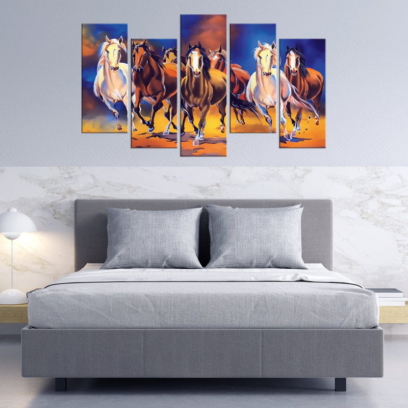 DECORGLANCE Panel painting Seven Running Horses Canvas Print Panel Wall Painting- With 5 Frames
