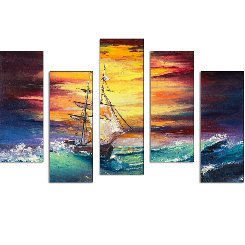DECORGLANCE Panel painting Ship Canvas Printed Panel Wall Painting - With 5 Frames