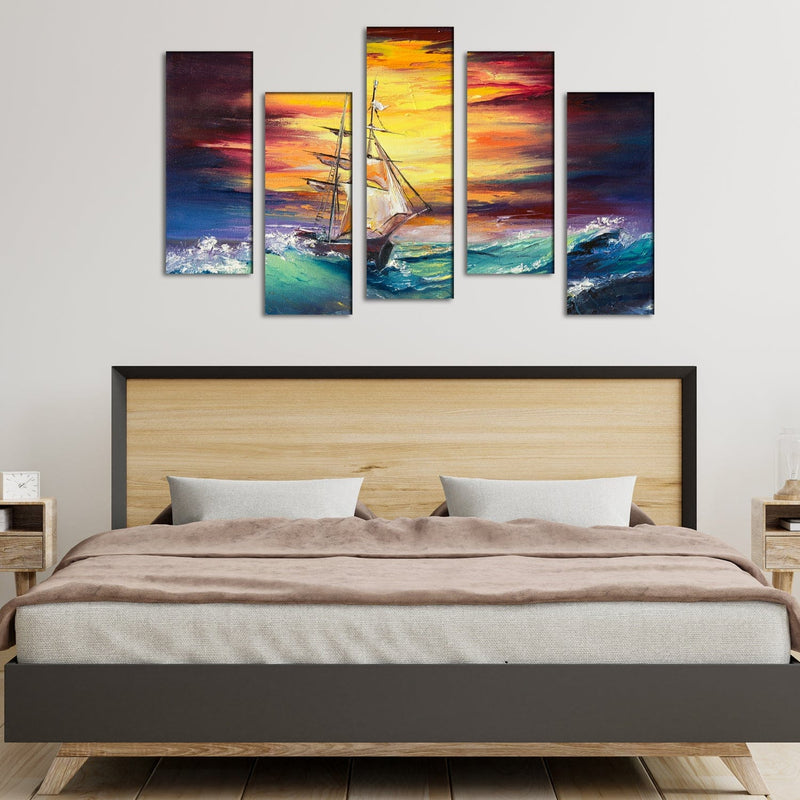 DECORGLANCE Panel painting Ship Canvas Printed Panel Wall Painting - With 5 Frames