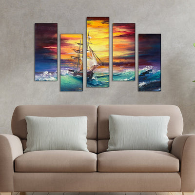 DECORGLANCE Panel painting Ship Canvas Printed Panel Wall Painting - With 5 Frames
