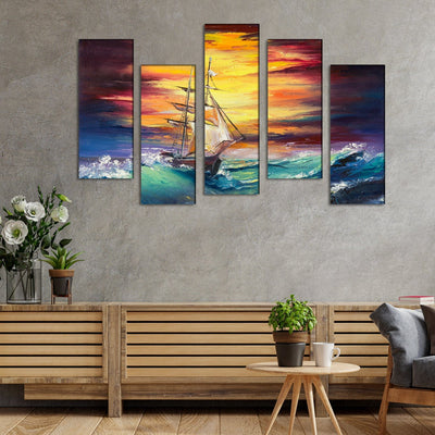 DECORGLANCE Panel painting Ship Canvas Printed Panel Wall Painting - With 5 Frames