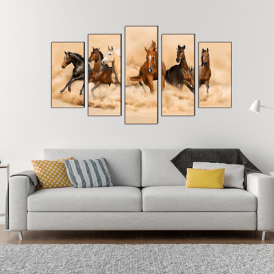 DECORGLANCE Panel painting Six Running Horses Canvas Panel Wall Painting - With 5 Frames