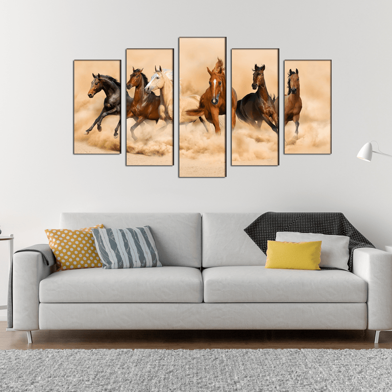 DECORGLANCE Panel painting Six Running Horses Canvas Panel Wall Painting - With 5 Frames
