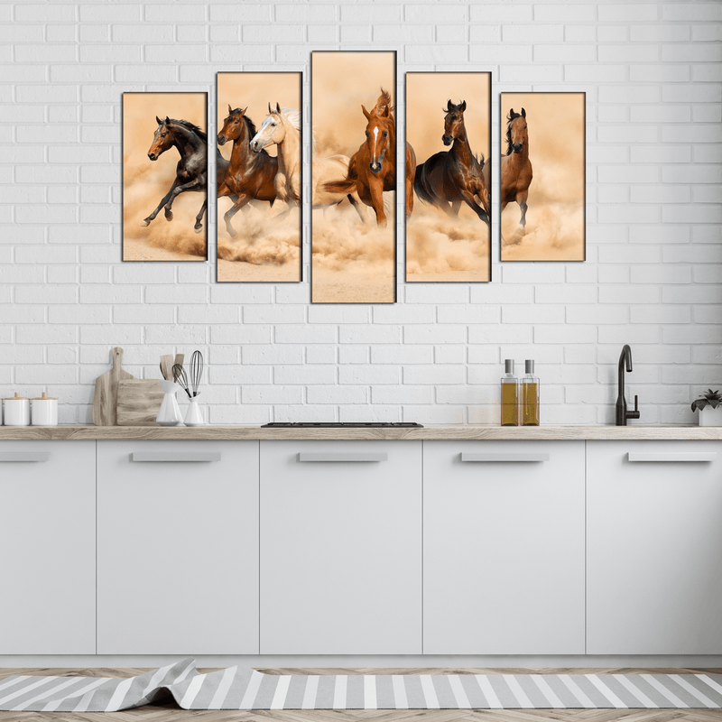 DECORGLANCE Panel painting Six Running Horses Canvas Panel Wall Painting - With 5 Frames