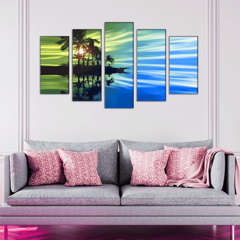 DECORGLANCE Panel painting Sunset landscape View Canvas Wall Painting- With 5 Frames