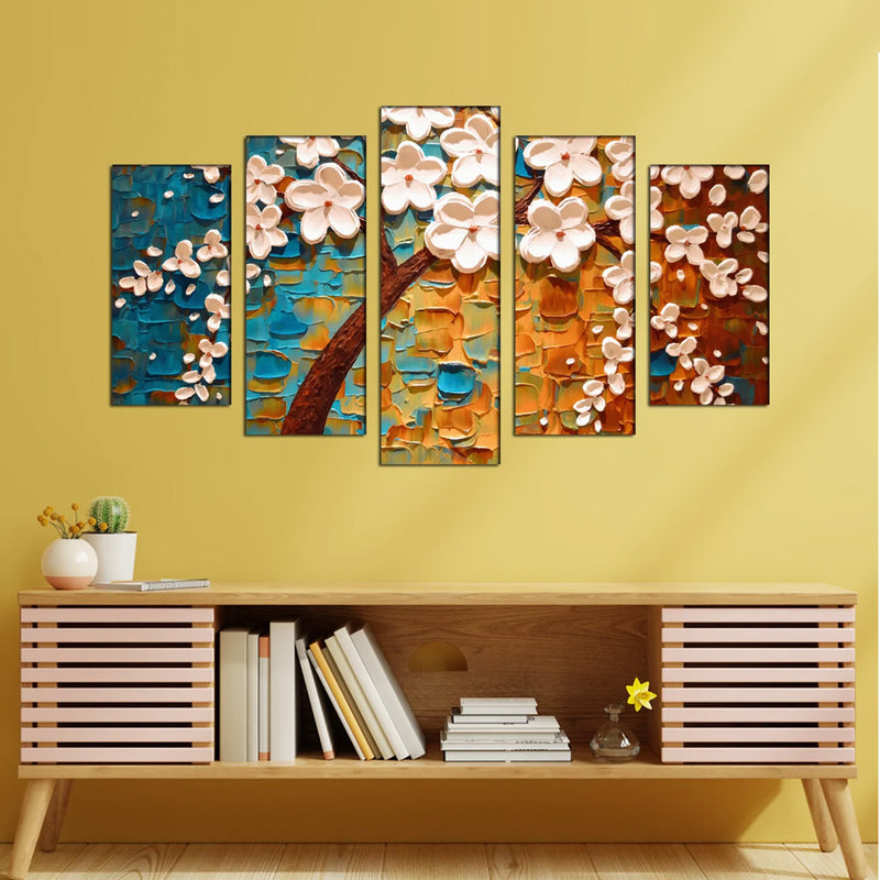 3-D Flower Abstract Wood Framed Canvas Wall Painting- With 5 Frames