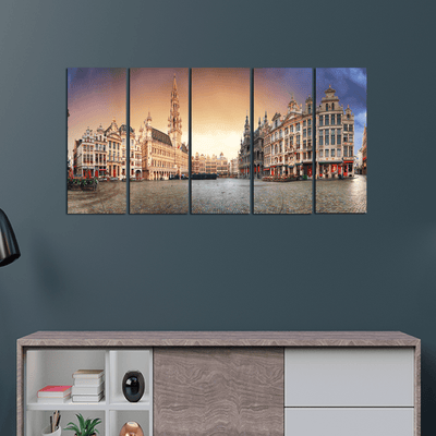 decorglance Panel Paintings Panorama View Of Grand Place Canvas Wall Painting -With 5 Panel