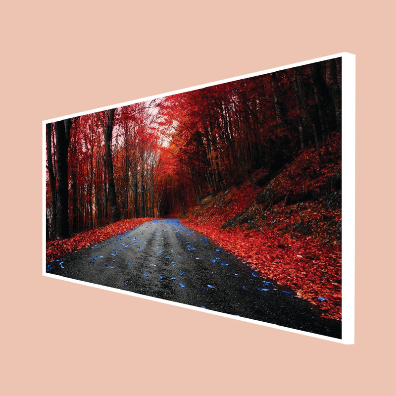 Laeacco Forest Trees Red Leaves Road Canvas Floating Wall Painting