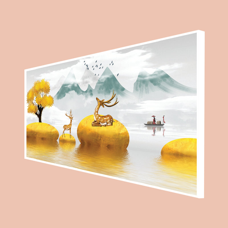 Illustration Of Golden Tree & Deer On River Canvas Floating Frame Wall Painting