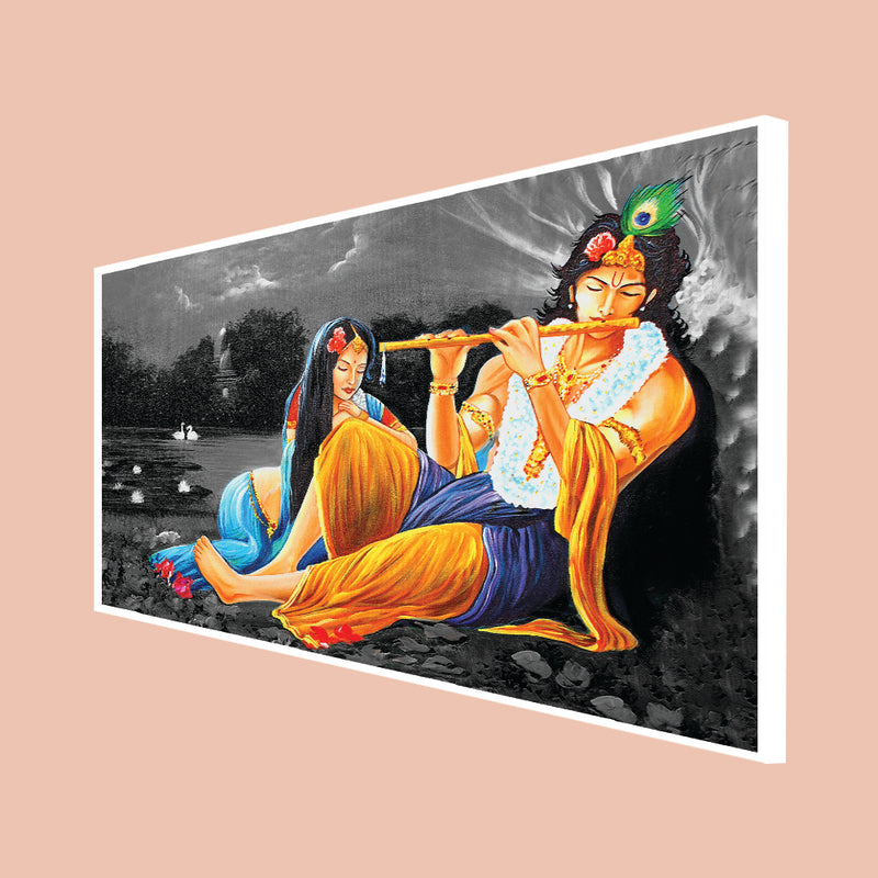 Krishna And Radha In Gray Background Canvas Floating Frame Wall Painting