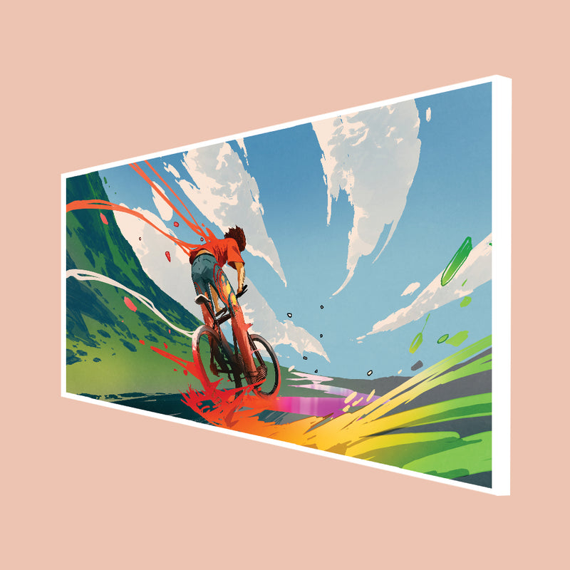 Boy Riding A Bicycle With Energy Floating Frame Canvas Painting