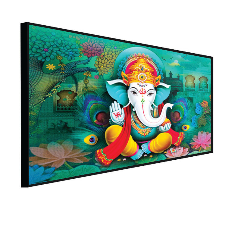Blue Background Ganesha Floating Frame Canvas Wall Painting