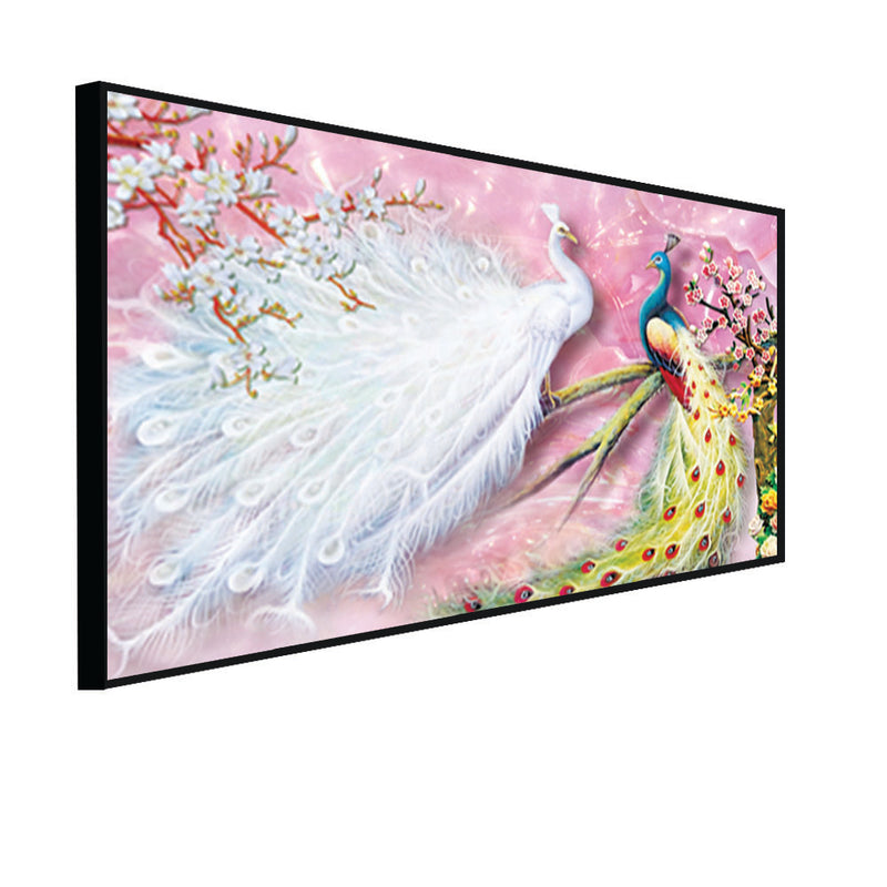 Beautiful white & Colored Peacock Canvas Floating Frame Wall Painting