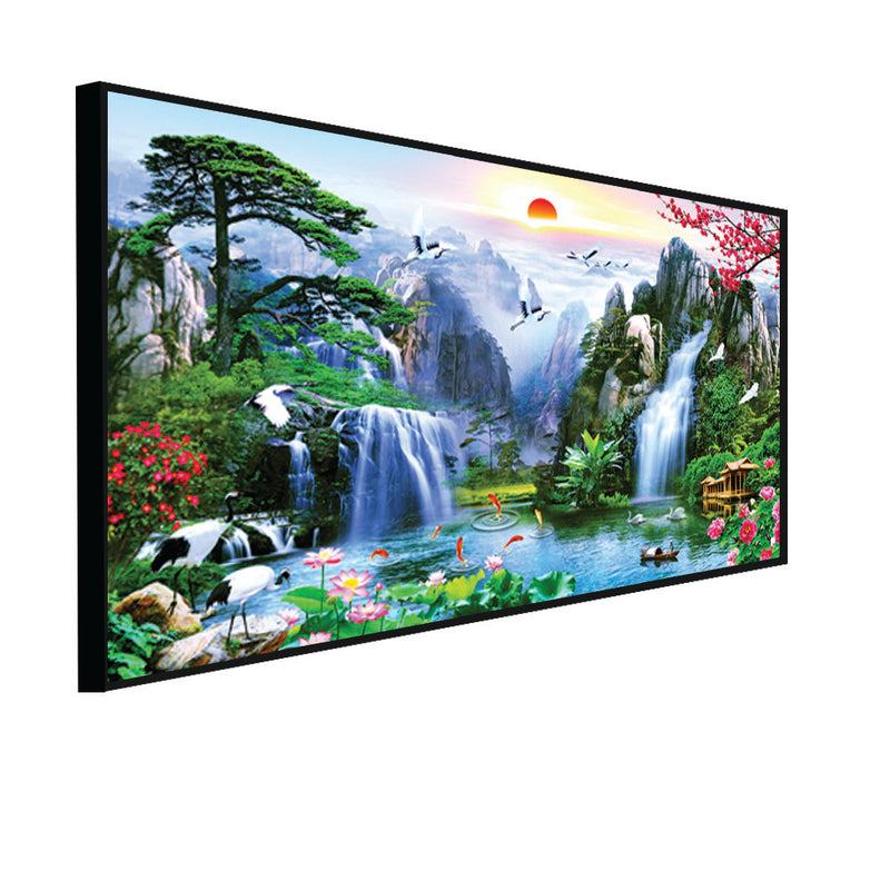 Mountain Waterfall Scenery Canvas Floating Frame Wall Painting