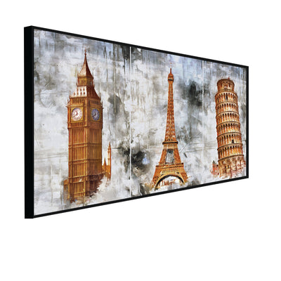 Eiffel Tower, Big Ben And Tower Of Pizzal Canvas Floating Frame Wall Painting