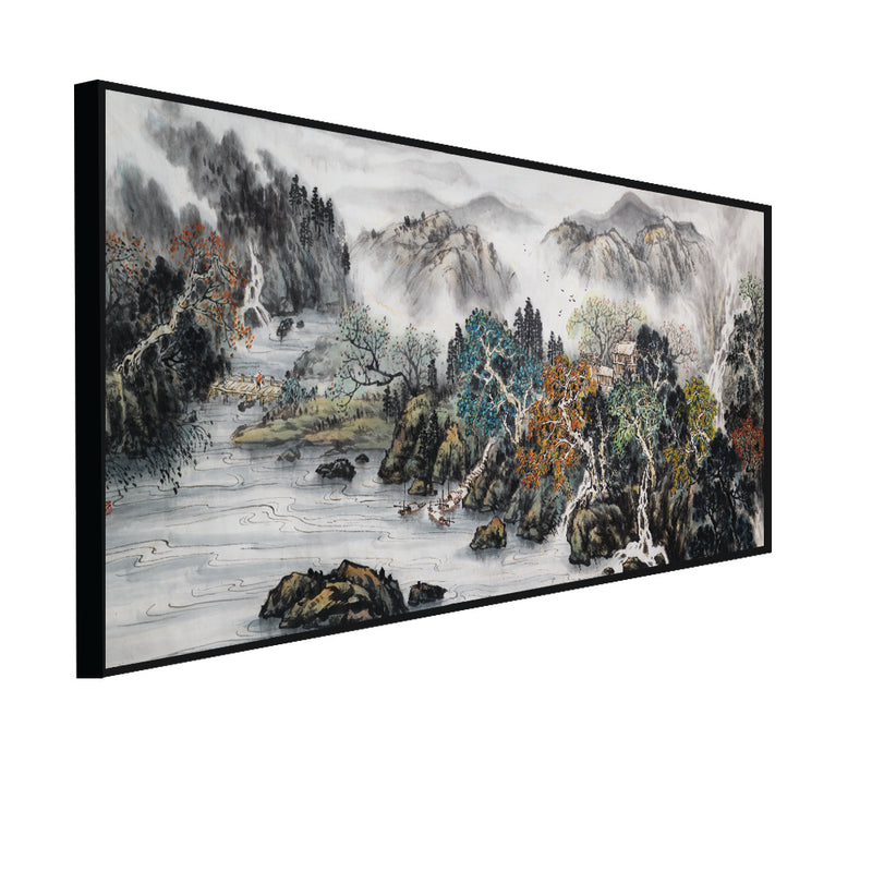 Mountain And Water Abstract Art Canvas Floating Frame Wall Painting