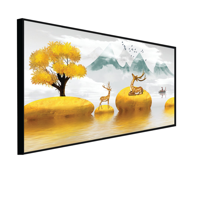 Illustration Of Golden Tree & Deer On River Canvas Floating Frame Wall Painting