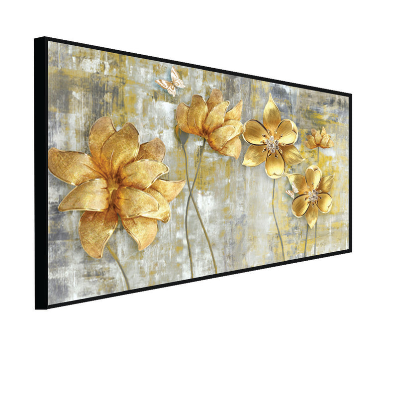 Golden Flower Canvas Floating Frame Wall Painting