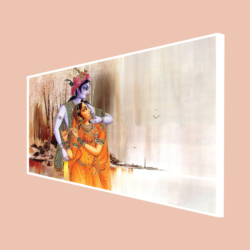 Artistic Radha Krishna Playing Flute Floating Frame Canvas Wall Painting