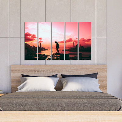 DecorGlance Pink Sky During Sunset Canvas Wall Painting - With 5 Panel