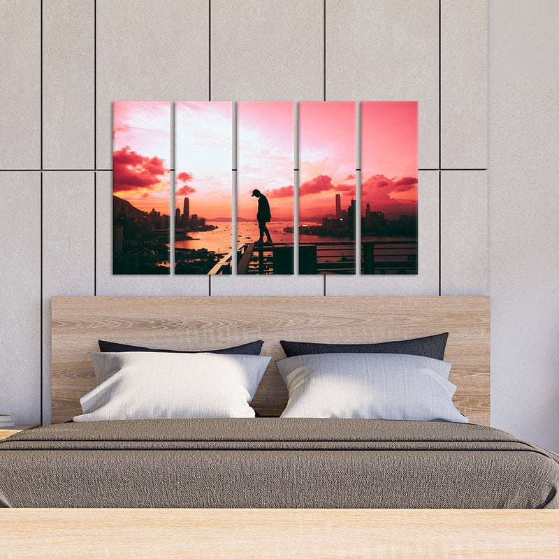DecorGlance Pink Sky During Sunset Canvas Wall Painting - With 5 Panel