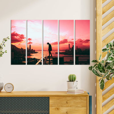 DecorGlance Pink Sky During Sunset Canvas Wall Painting - With 5 Panel