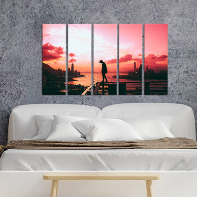 DecorGlance Pink Sky During Sunset Canvas Wall Painting - With 5 Panel