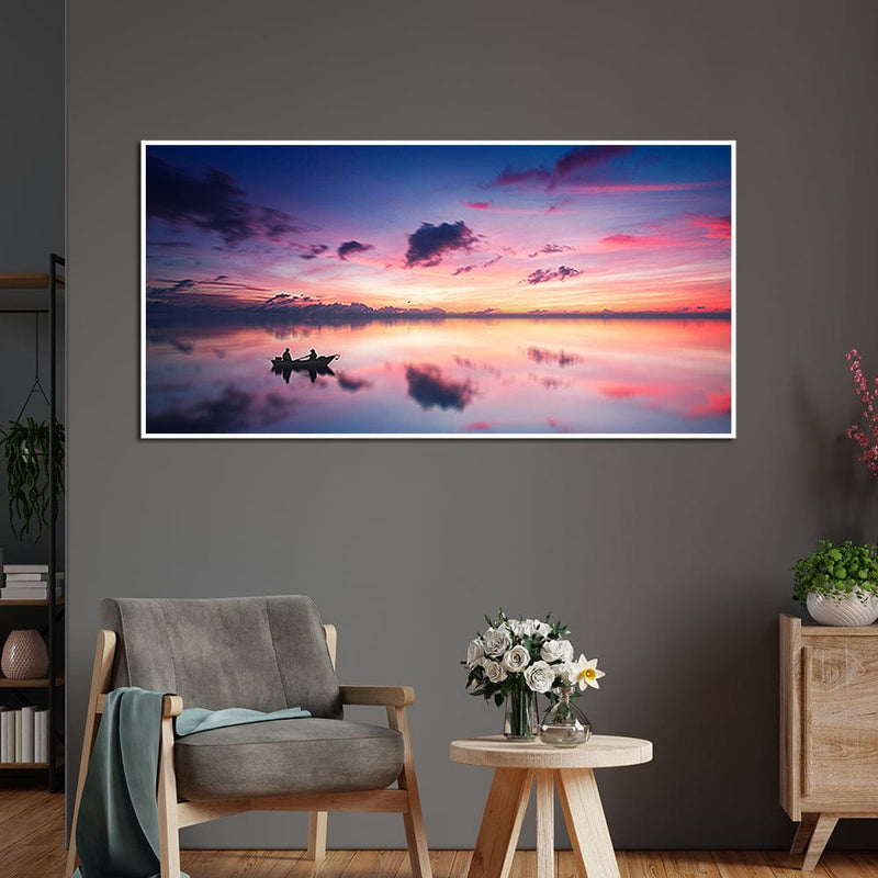 DecorGlance Pink Sky During Sunset Over Lake Canvas Floating Frame Wall Painting