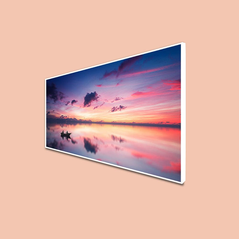 DecorGlance CANVAS PRINT WHITE FLOATING FRAME / (48x24) Inch / (121x60) Cm Pink Sky During Sunset Over Lake Canvas Floating Frame Wall Painting