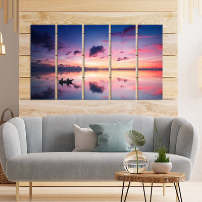 DecorGlance Pink Sky During Sunset Over Lake Canvas Wall Painting - With 5 Panel