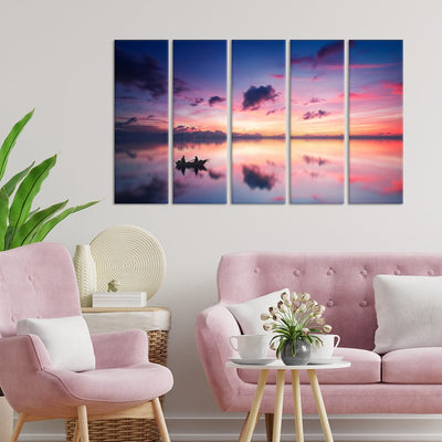 DecorGlance Pink Sky During Sunset Over Lake Canvas Wall Painting - With 5 Panel