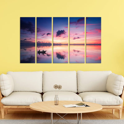 DecorGlance Pink Sky During Sunset Over Lake Canvas Wall Painting - With 5 Panel