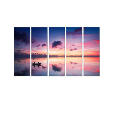 DecorGlance Pink Sky During Sunset Over Lake Canvas Wall Painting - With 5 Panel
