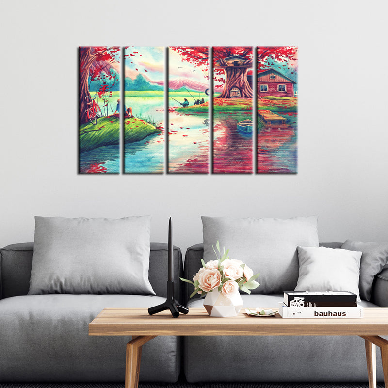 Oil Painting Village Scenery Canvas Wall Painting- With 5 Frames