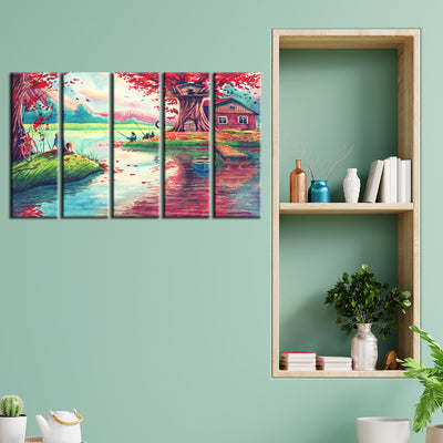 Oil Painting Village Scenery Canvas Wall Painting- With 5 Frames