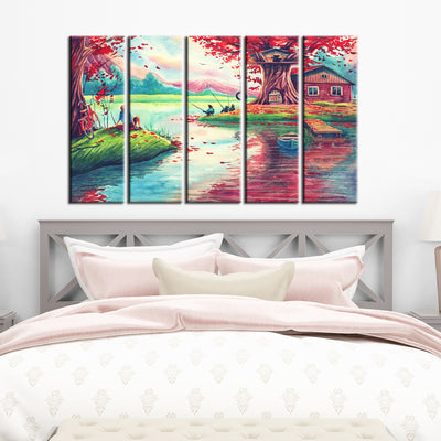 Oil Painting Village Scenery Canvas Wall Painting- With 5 Frames