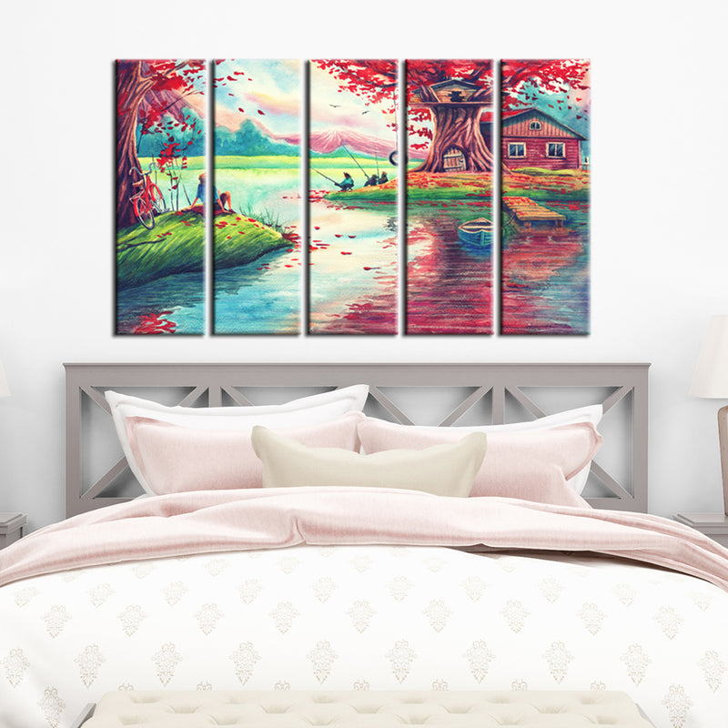 Oil Painting Village Scenery Canvas Wall Painting- With 5 Frames