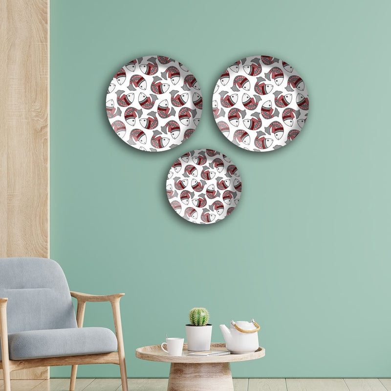 Multiple Fishes In Madhubani Pattern Wall Plates Painting Set of Three