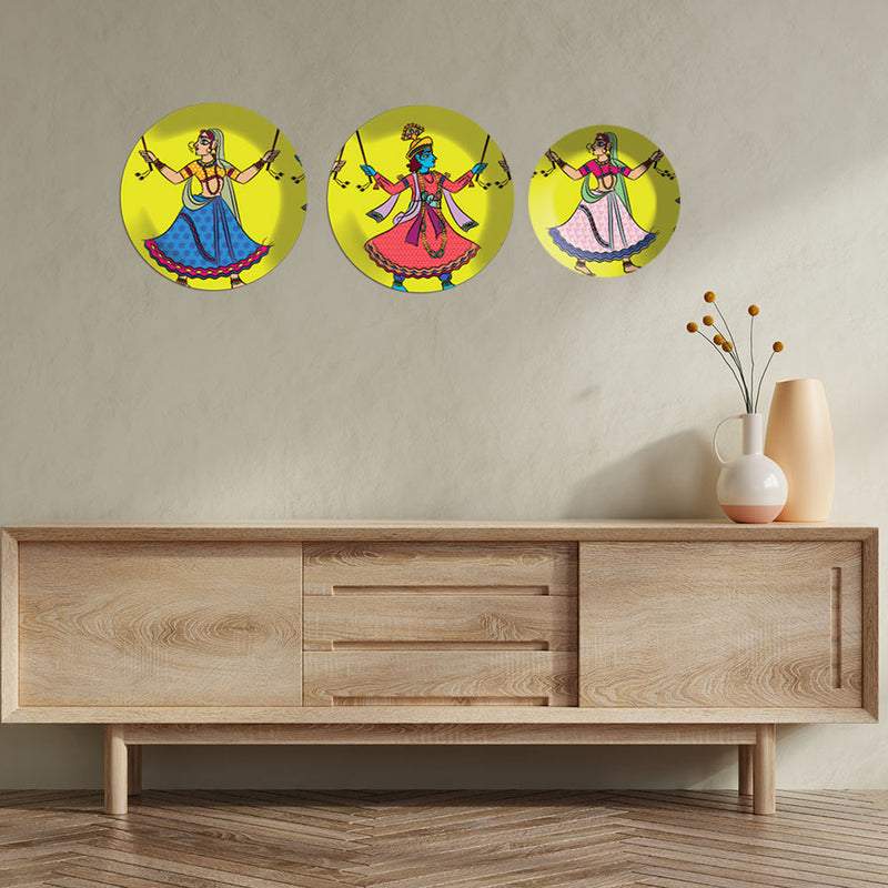 Krishan With Gopiya Dancing Wall Plates Painting Set of Three