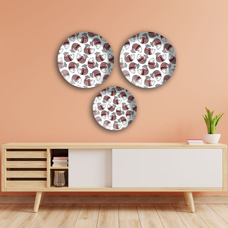 Multiple Fishes In Madhubani Pattern Wall Plates Painting Set of Three