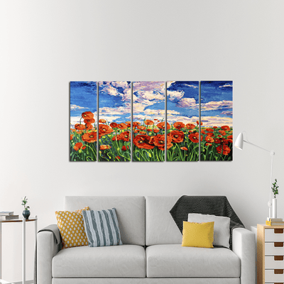 decorglance Poppy Flower Garden Canvas Wall Painting - With 5 Panel