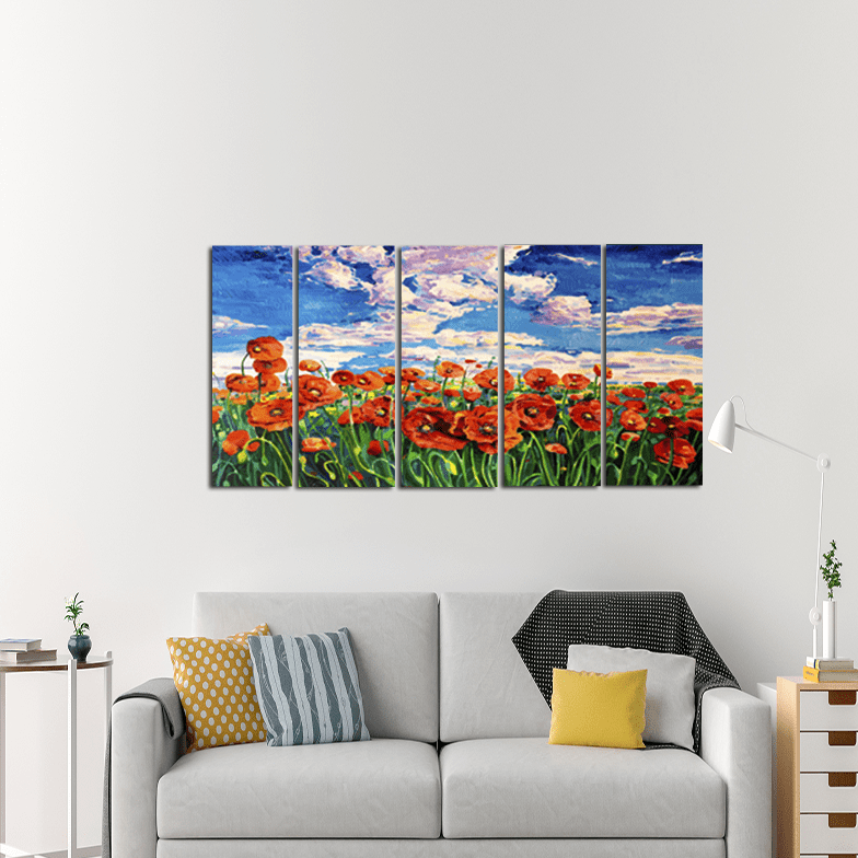 decorglance Poppy Flower Garden Canvas Wall Painting - With 5 Panel