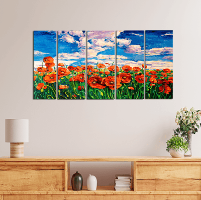 decorglance Poppy Flower Garden Canvas Wall Painting - With 5 Panel