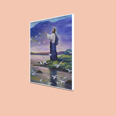 DecorGlance Posters, Prints, & Visual Artwork CANVAS PRINT WHITE FLOATING FRAME / (24x48) Inch / (60x121) Cm Jesus with Birds Floating Canvas Wall Painting