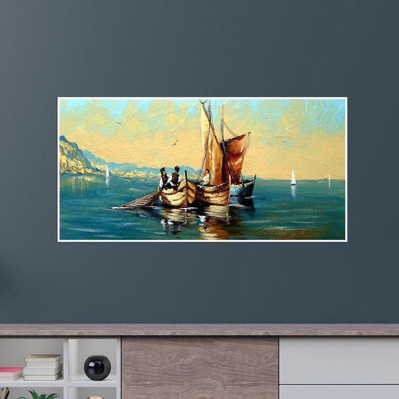 DecorGlance Posters, Prints, & Visual Artwork Oil Color Boat & River View Floating Frame Canvas Wall Painting