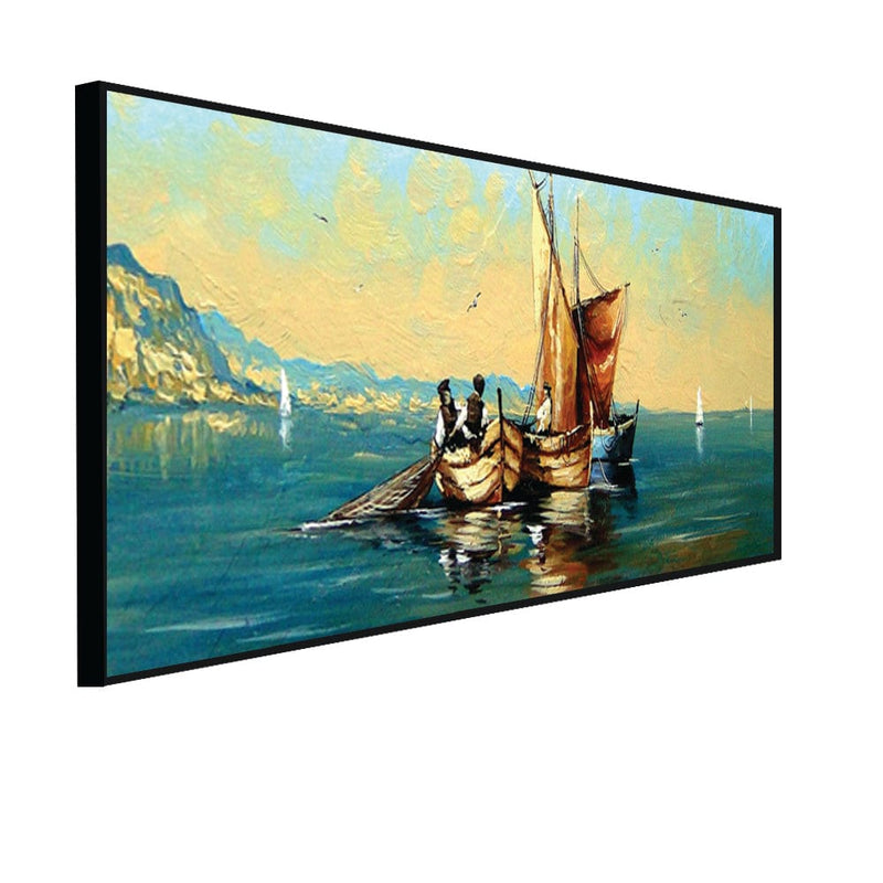DecorGlance Posters, Prints, & Visual Artwork CANVAS PRINT BLACK FLOATING FRAME / (48x24) Inch / (121x60) Cm Oil Color Boat & River View Floating Frame Canvas Wall Painting